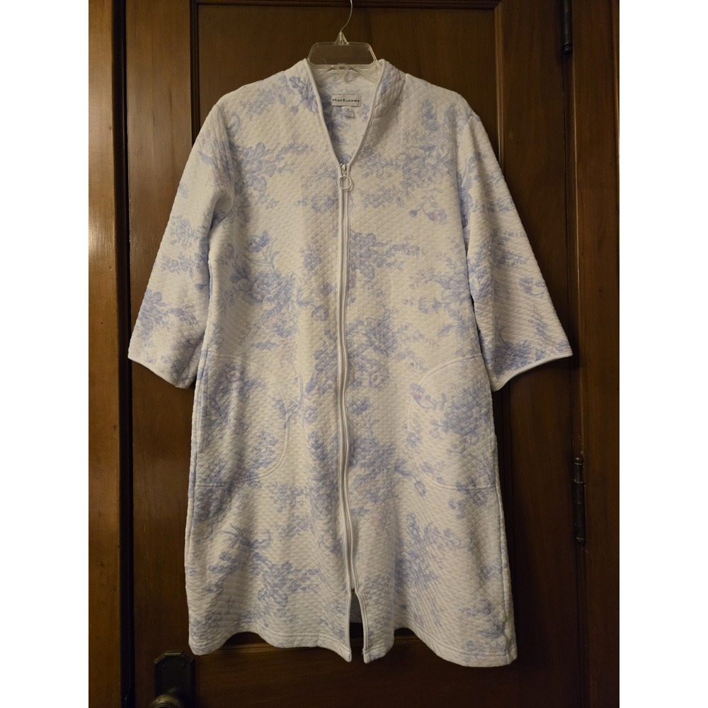 Miss Elaine Quilt In Knit Full Zip Short Robe Blue White Floral Cottagecore EUC
